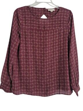Loft Burgundy Chain Print Long Sleeve Blouse